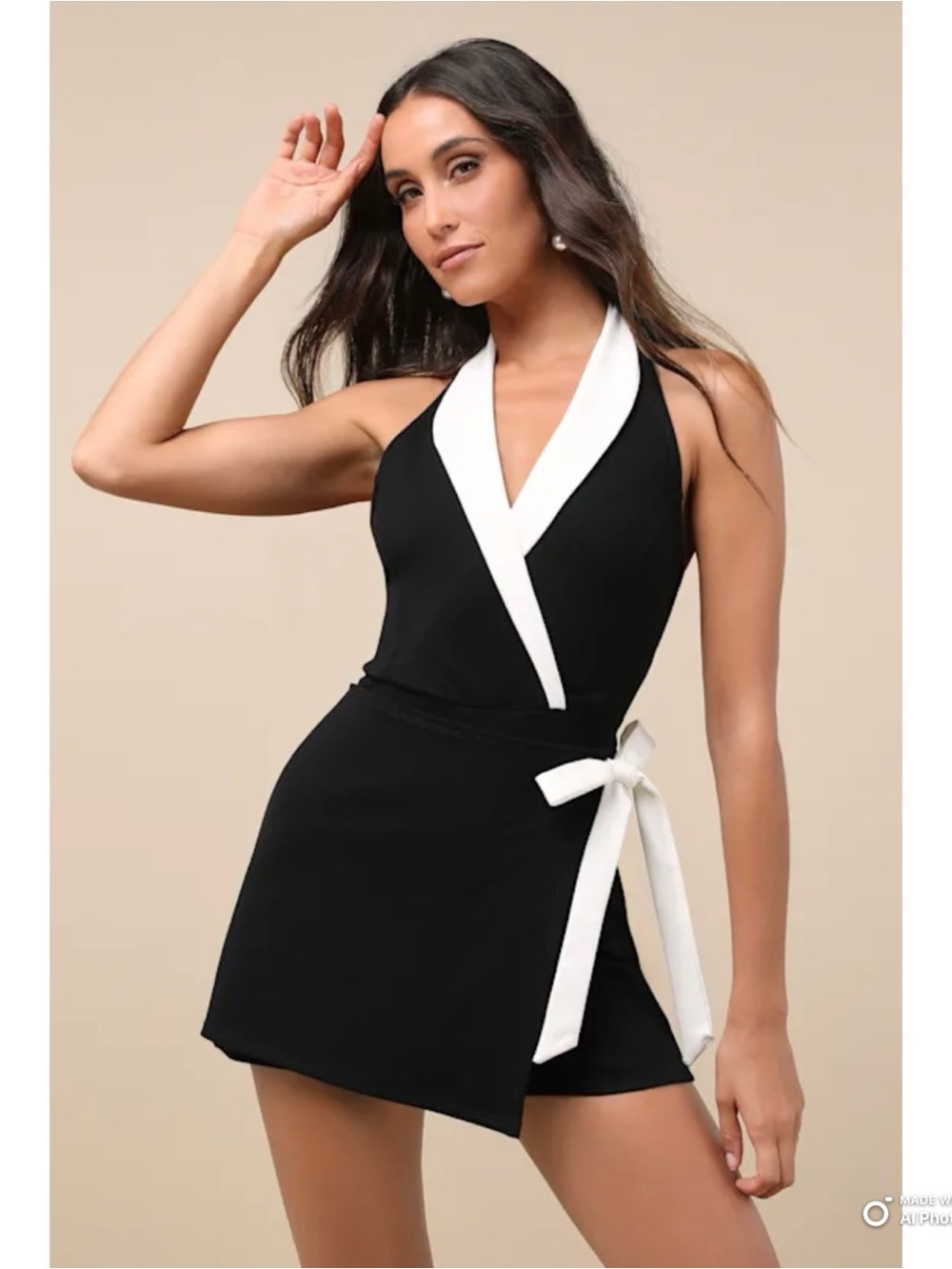 Lulus XS Cutest Poise Black Color Block Collared Halter Wrap Skort Romper NWT - Picture 4 of 17